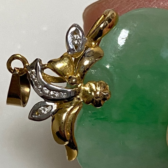 14K Gold Jade and Diamond Floral Pendant - Green Jade Accent - Picture 8 of 10